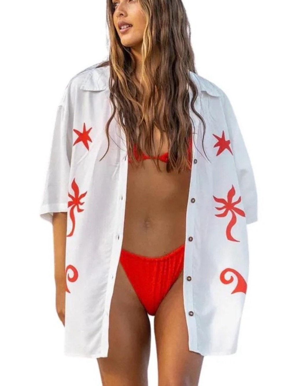 Billabong On Vacation Salt Crystal White/Red Collared Button Shirt Medium